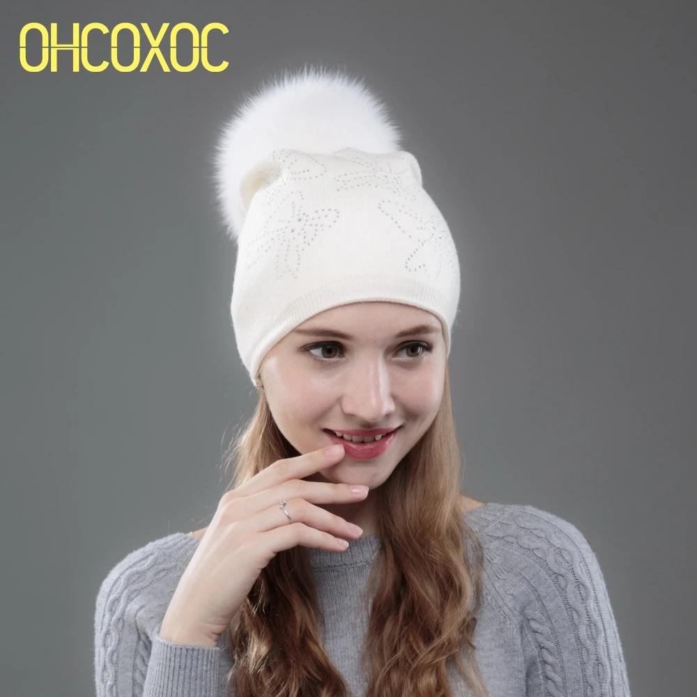 OHCOXOC новые женские шапочки с помпоном из натурального Лисьего меха норки теплые