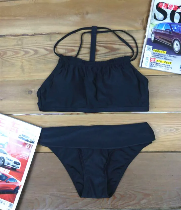 Женский купальник с пуш апом черный бандажный в стиле ретро укороченным топом