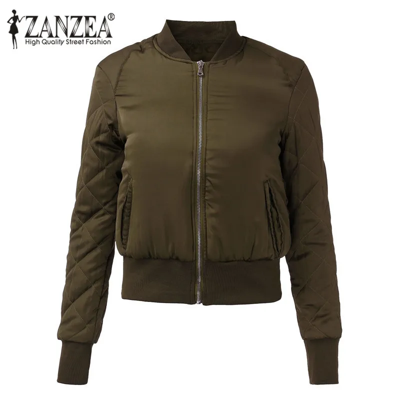 ZANZEA, женские куртки-бомберы, Осень-зима, теплые, с длинным рукавом, с хлопковой подкладкой, повседневные, на молнии, короткая верхняя одежда, стеганые пальто, топы - Цвет: Army Green