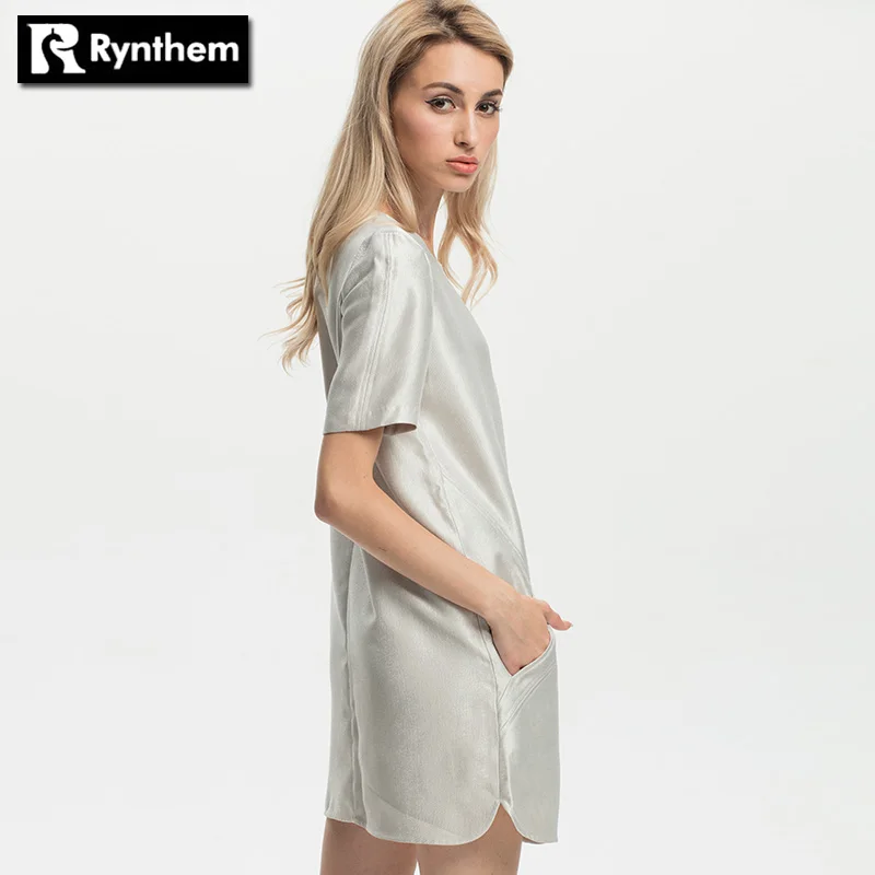 Rynthem Для женщин модные осенние платья с короткими рукавами карманов круглым