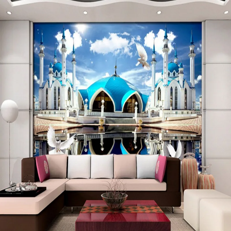 Обои 3d красивый HD синий замок голубое небо отражение росписи 3D стерео фон Стена