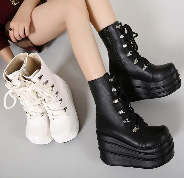 Botas Mujer Plataforma/ г. Зимние женские ботинки белые ботинки на высокой танкетке в стиле панк ботинки на платформе со шнуровкой Размеры 35-43