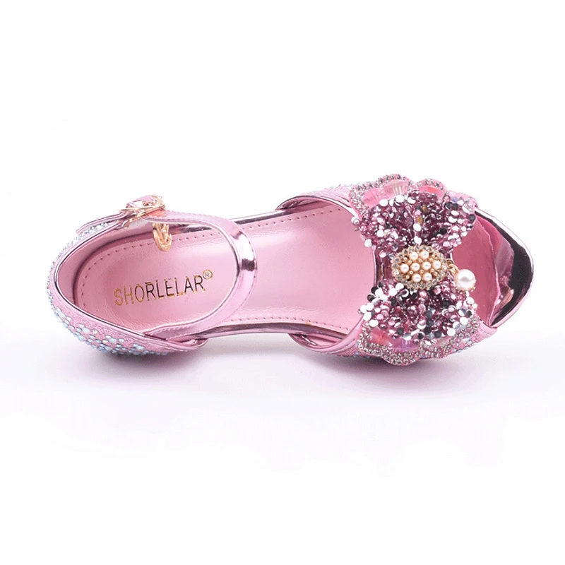 Блестящие модельные туфли с блестками для девочек Сандалии на высоком каблуке