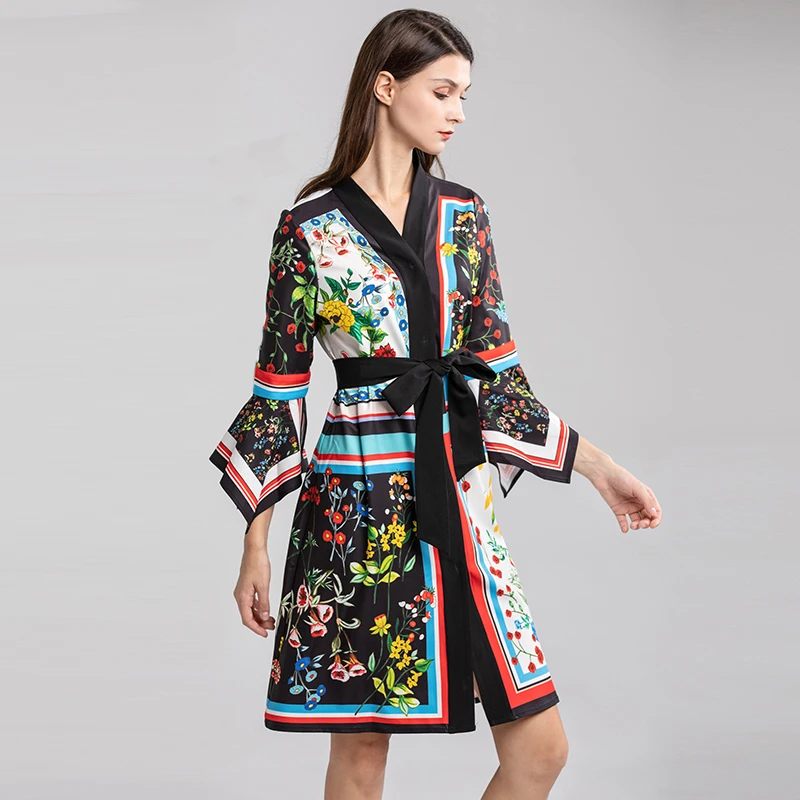 2019 Summer Pretty Floral Print Dress High Quality Fashion V_neck Three Quarter Flare Sleeve Loose Cute With Sashes | Женская одежда