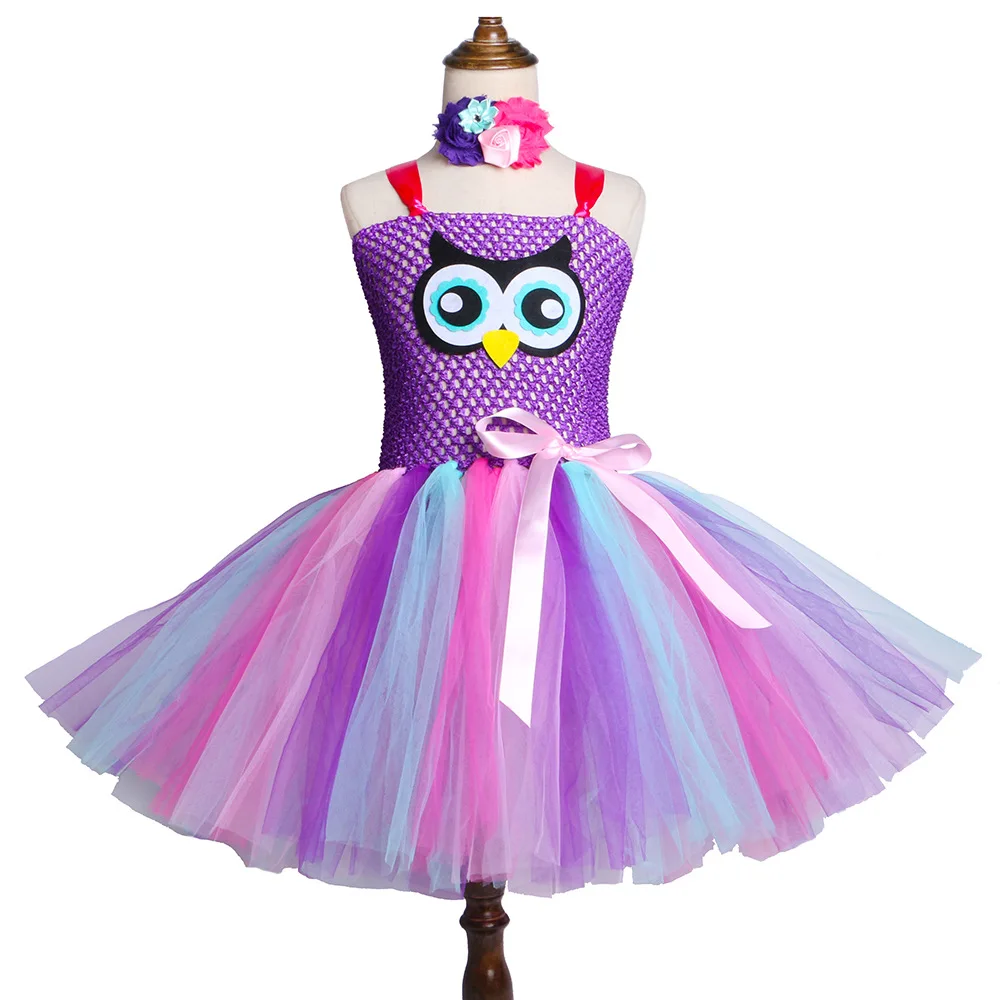 

2021 Owl Tutu Dress for Girls Baby Birthday Party Costume with Flower Headband 1st Birthday Outfit Kids Halloween Costume 1-12Y