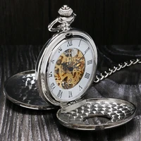 mechanical hand wind pocket watch luxury double open face roman numbers silver clock with fob chain relogio de bolso p803c