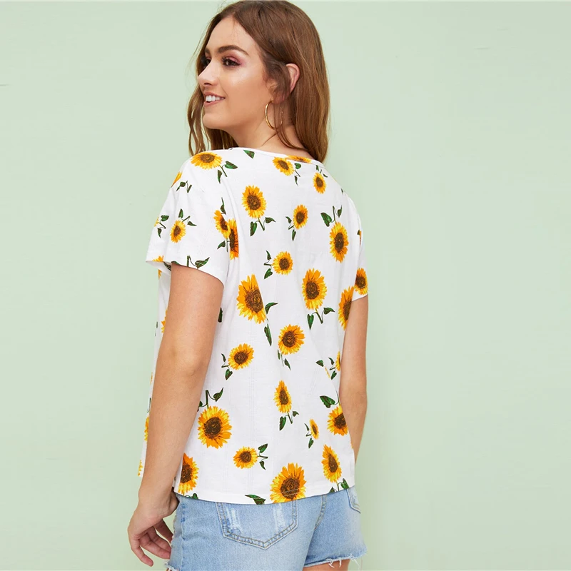 SHEIN топ с принтом подсолнуха женская одежда Повседневная Белая Летняя футболка с коротким рукавом и круглым вырезом Корейская одежда топы