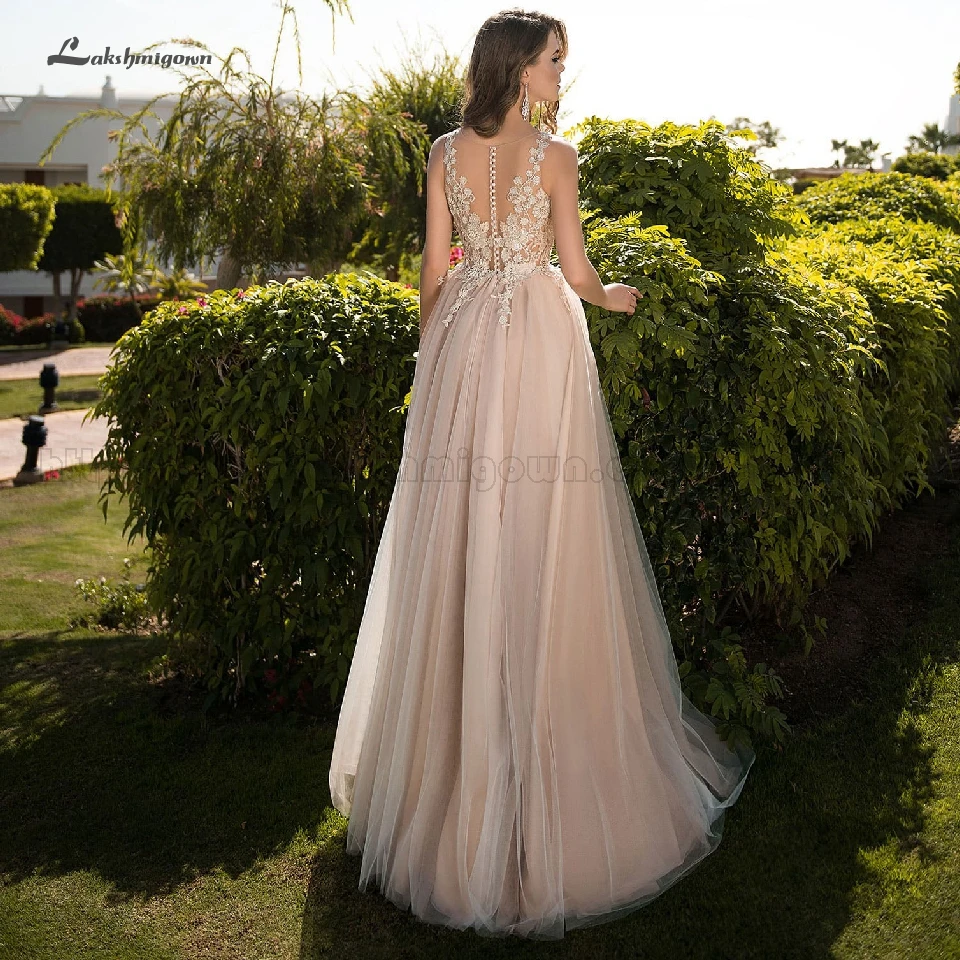 

Lakshmigown Sexy Champagne Wedding Dress A Line 2019 Tulle Long Bridal Dress Sheer Lace Top Beach Boho Wedding Party Gown Floor