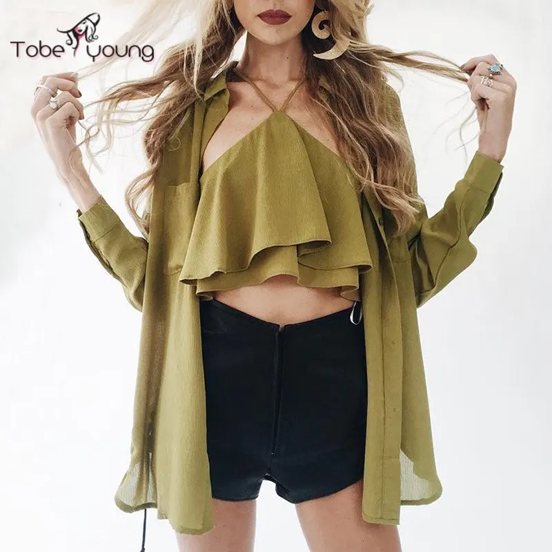 2017 Новый Сексуальный Рюшами Холтер Жилет Обрезанные Топы Для Женщин Шифон Тонкий