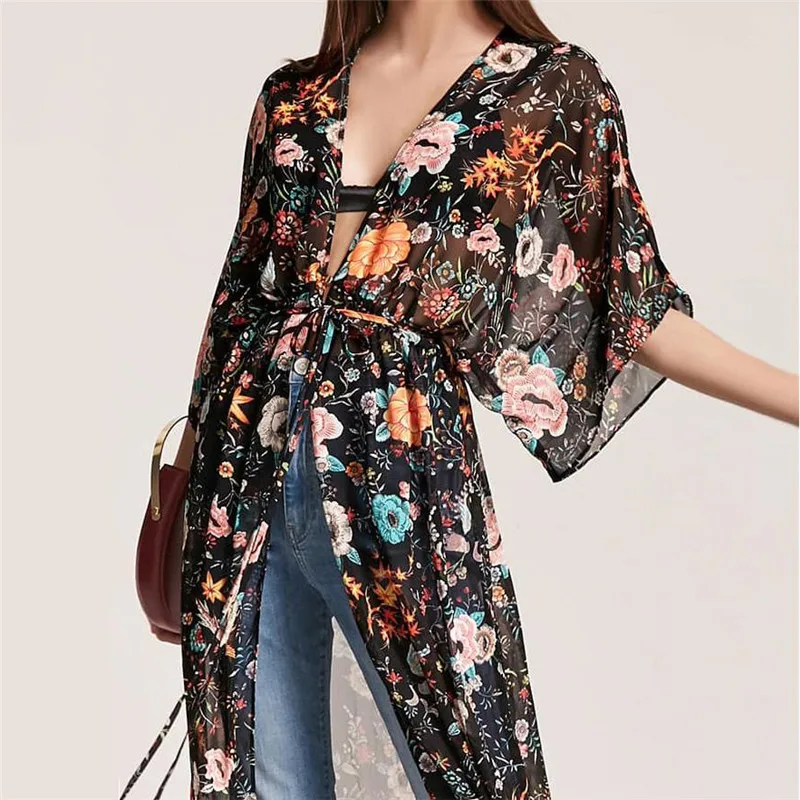 Летняя шифоновая блузка рубашка длинное кимоно 2019 бохо стиль с цветочным принтом