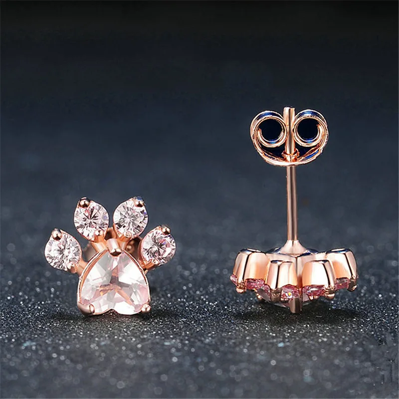 Женские серьги в форме собачьей лапы розовое золото с фианитом|animal stud earrings|fashion