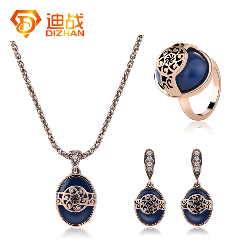 Luxury Gold Color Blue Imitation Gem Dubai Bridal Jewelry Set For Bride Necklace Earring Wedding Party Women Sets | Украшения и