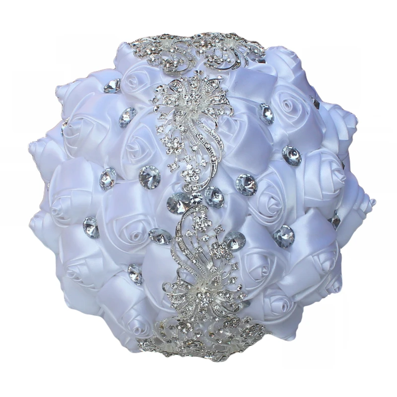 

Eight Different Styles Of White Color Satin Rhinestones Holding Flowers Wedding Bride Hand Flower Ribbon Bouquet For Bride