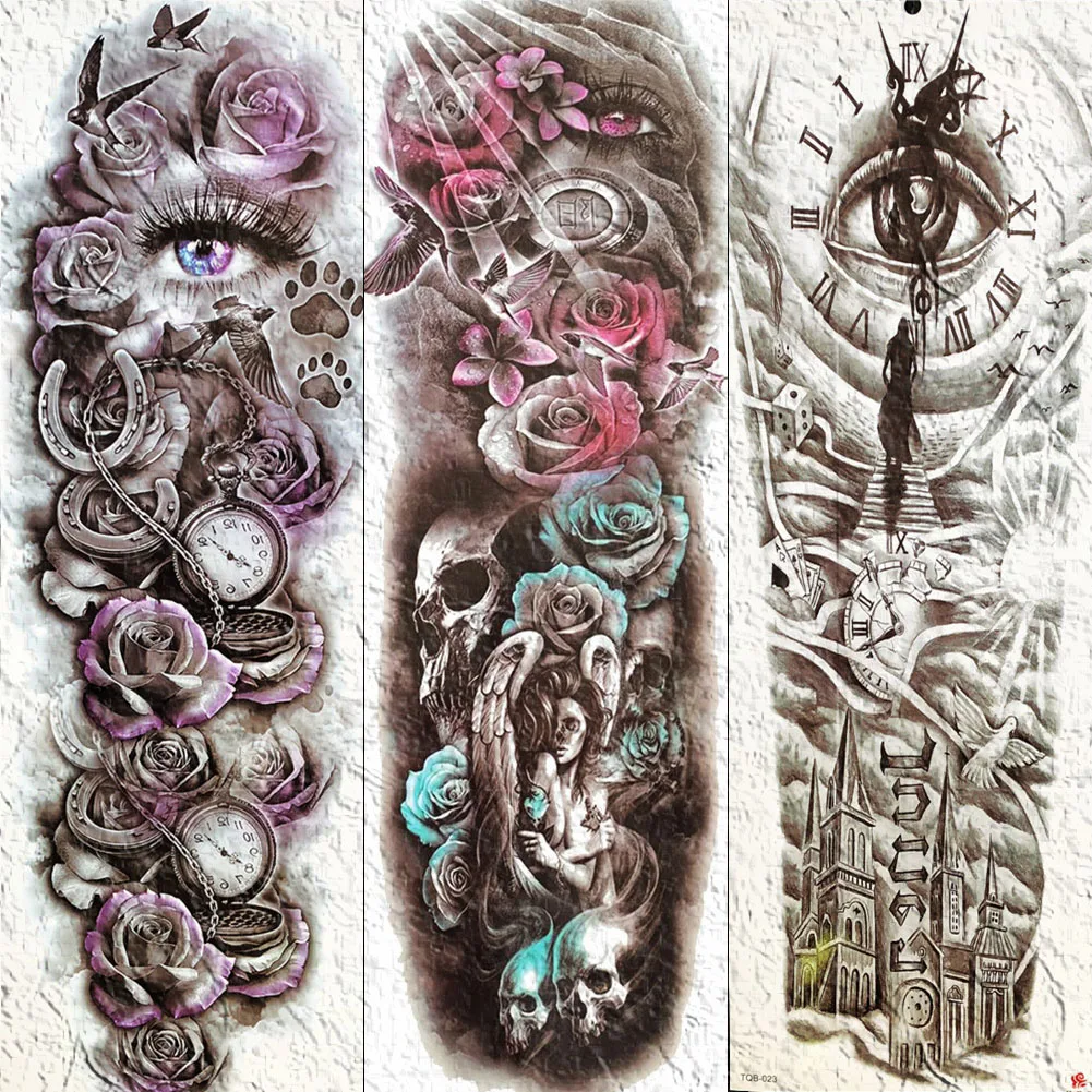 

Long Flower Full Arm Temporary Tattoos For Women Men Summer Tatoos Death Skull Angel EYE Body Art Waterproof Fake Tattoo Sticker