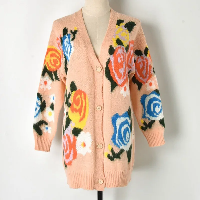 Oversized Runway Cardigan Big Flower Jacquard Mohair Warm Long Coat Overcoat 2018 Winter Knit Sweater Jumper Pull Femme |