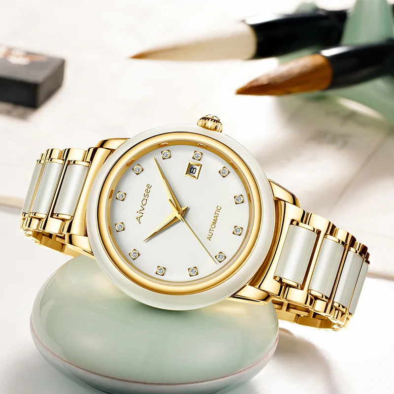 

Top New Jade creative couple Watch Business Men's Watch Trend jade women Clock mechanical hollow calendar display Female Watches