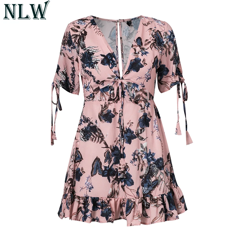 Nlw Boho Цветочный розовый Мини шифоновое платье Для женщин V шеи Сексуальная Летнее