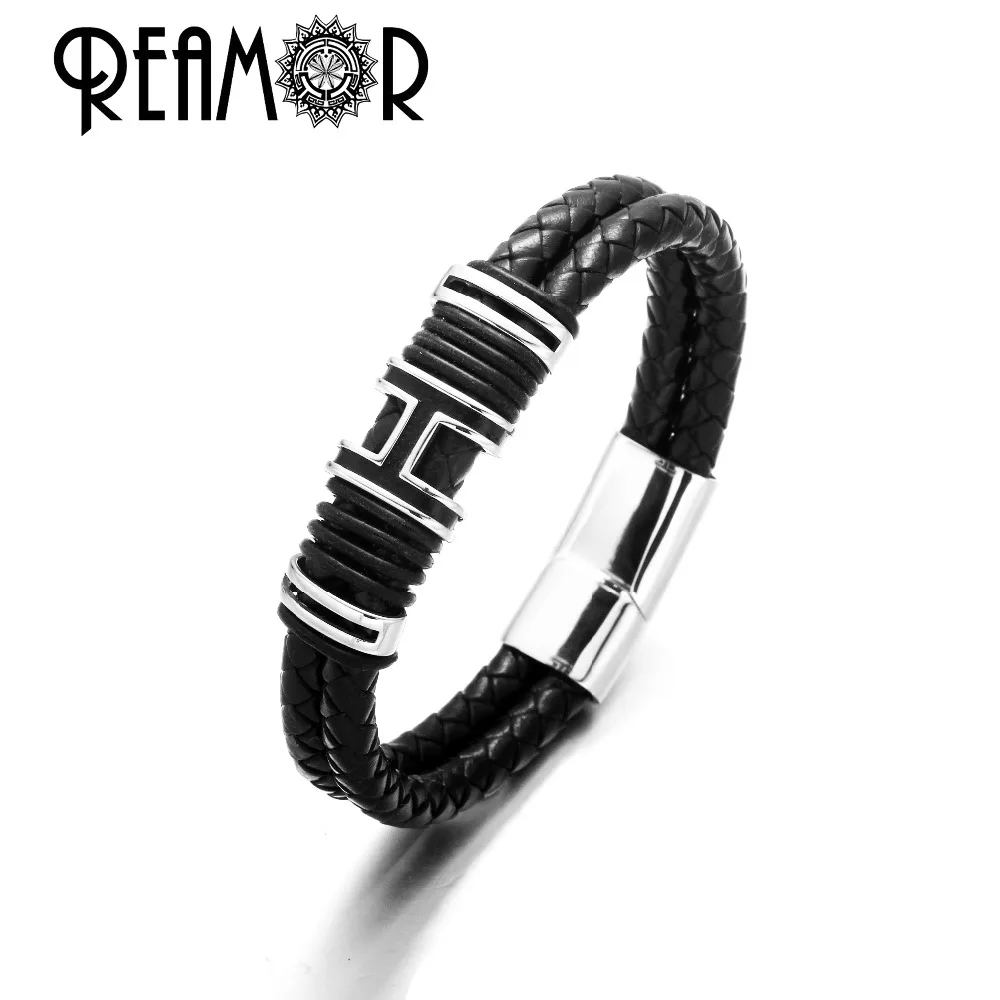 REAMOR 316l нержавеющая сталь мужские браслеты Буква H дизайн красный/черный двойной слой плетеный кожаный браслет женщина мода ювелирные изделия