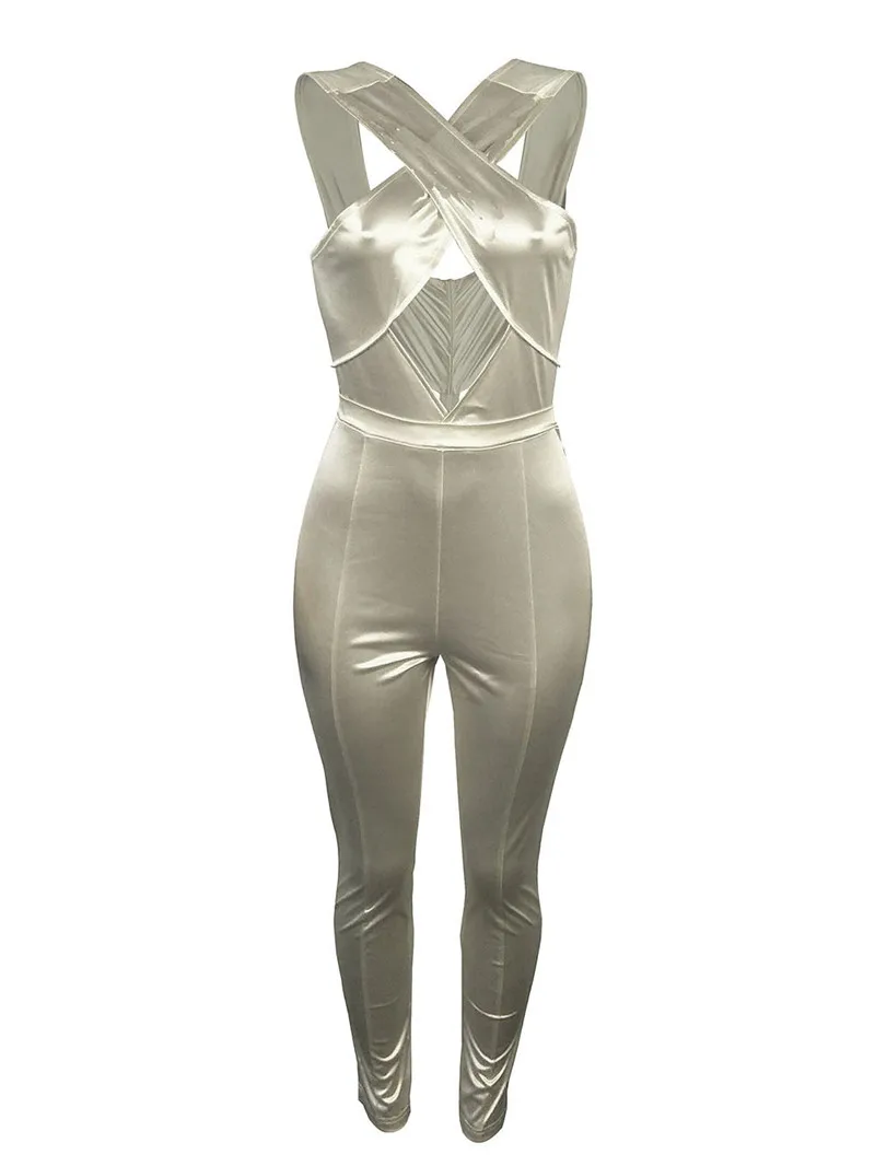 

Satin Bandage Bodycon Jumpsuit Women Sexy Cross Criss Front Hollow Out Elegant Summer Jumpsuit Party Rompers Womens Jumpsuit