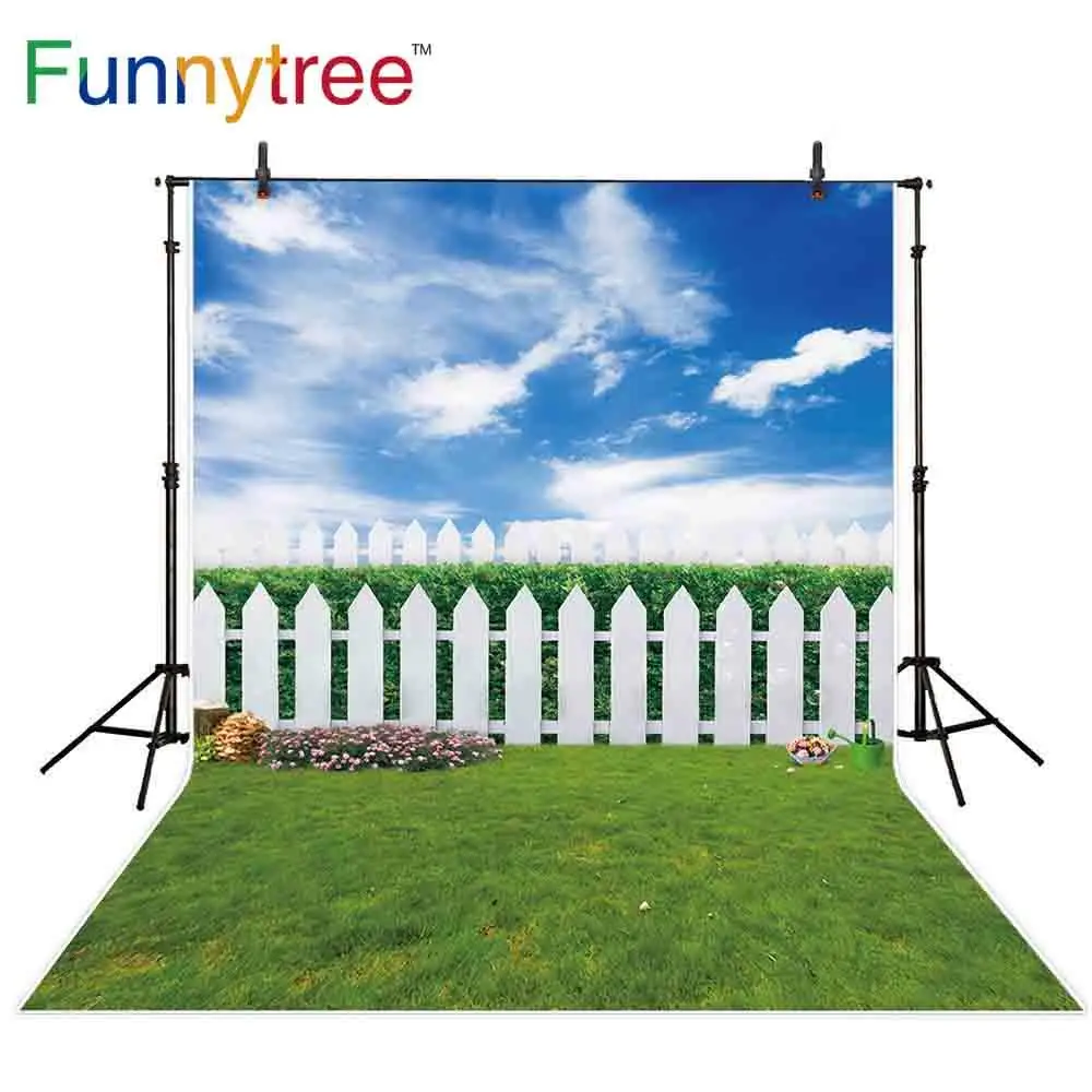 Funnytree photography background sky clouds fence green grass natural scenery Easter backdrops photophone wallpaper photobooth |
