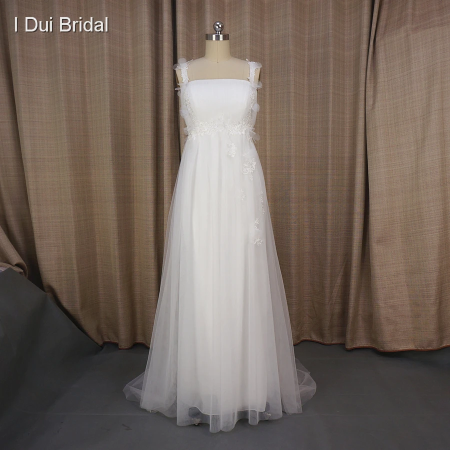 Свадебное платье на тонких бретельках с кружевной талией прозрачная фатиновая