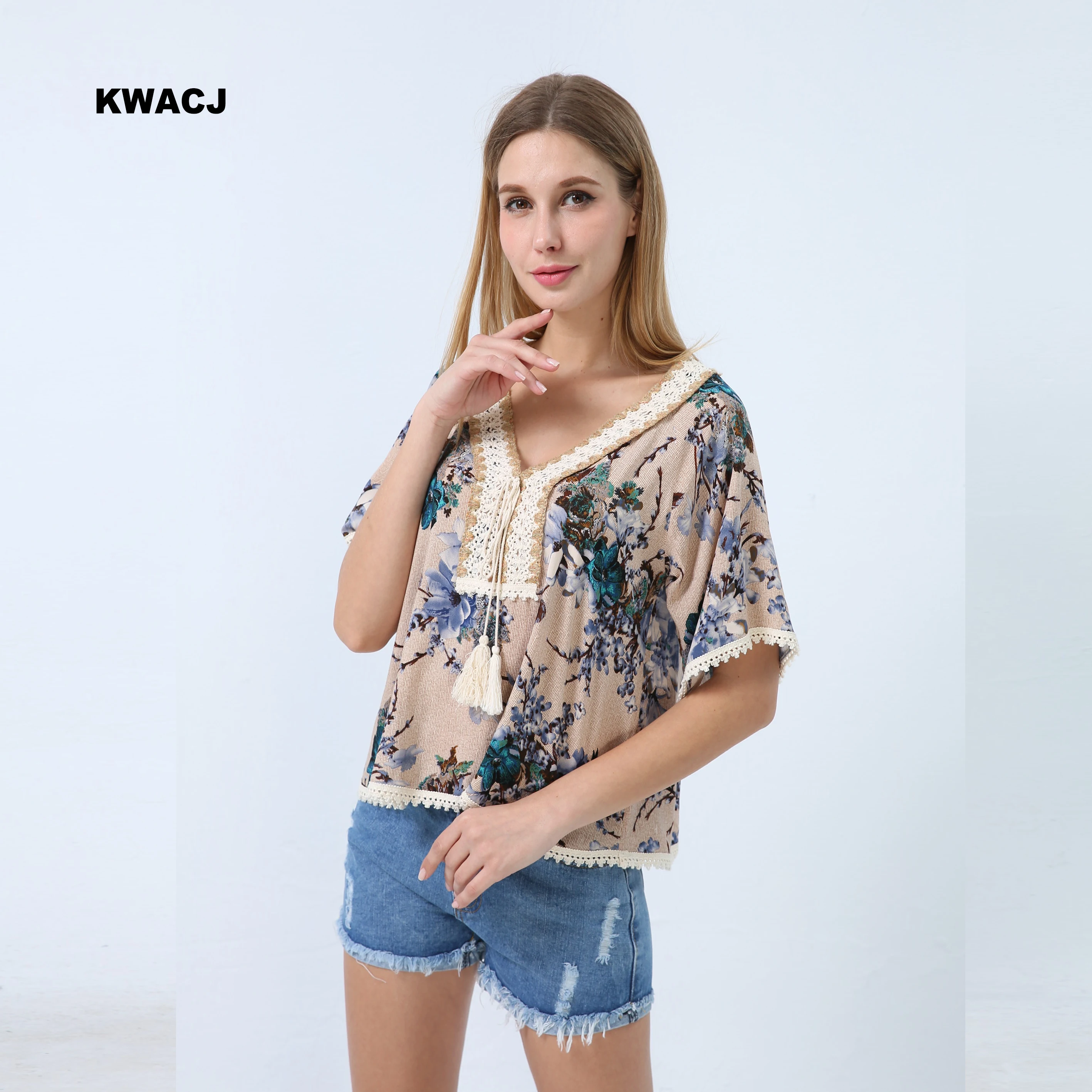 KWACJ Винтаж блузка с цветочным принтом летний топ пляжное богемное кружевное