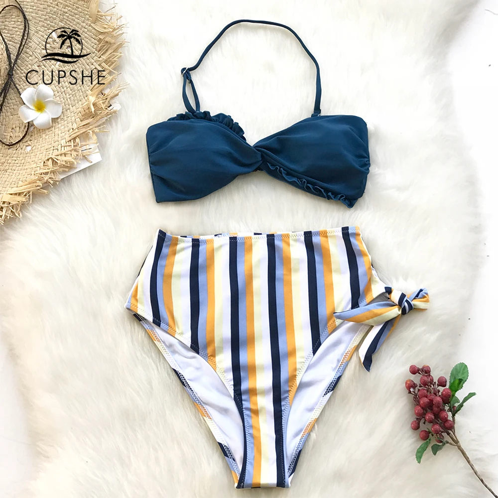 Женский купальник бикини с высокой талией CUPSHE желтый цветочным принтом и