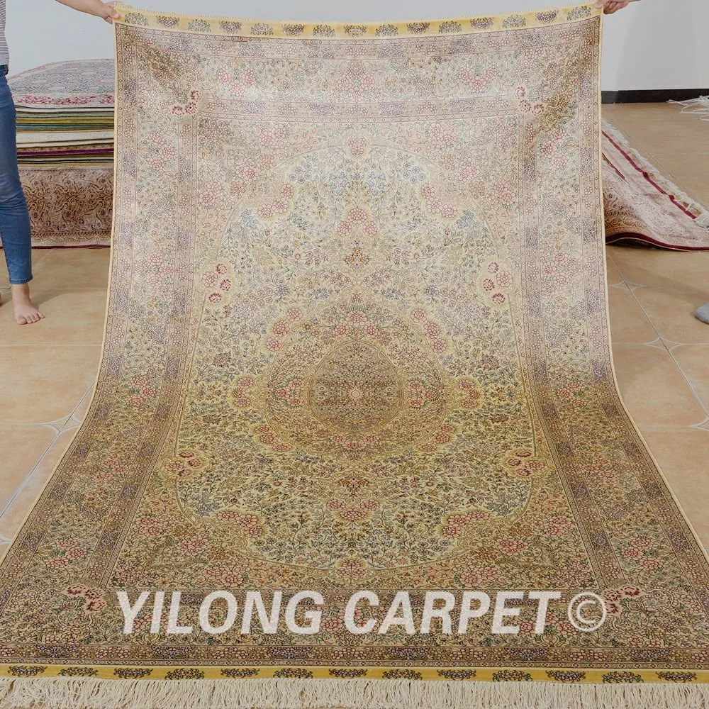 

Yilong 5'x8' Persian 100% silk rug for sale beige vantage traditional hand knotted oriental carpet (1029)
