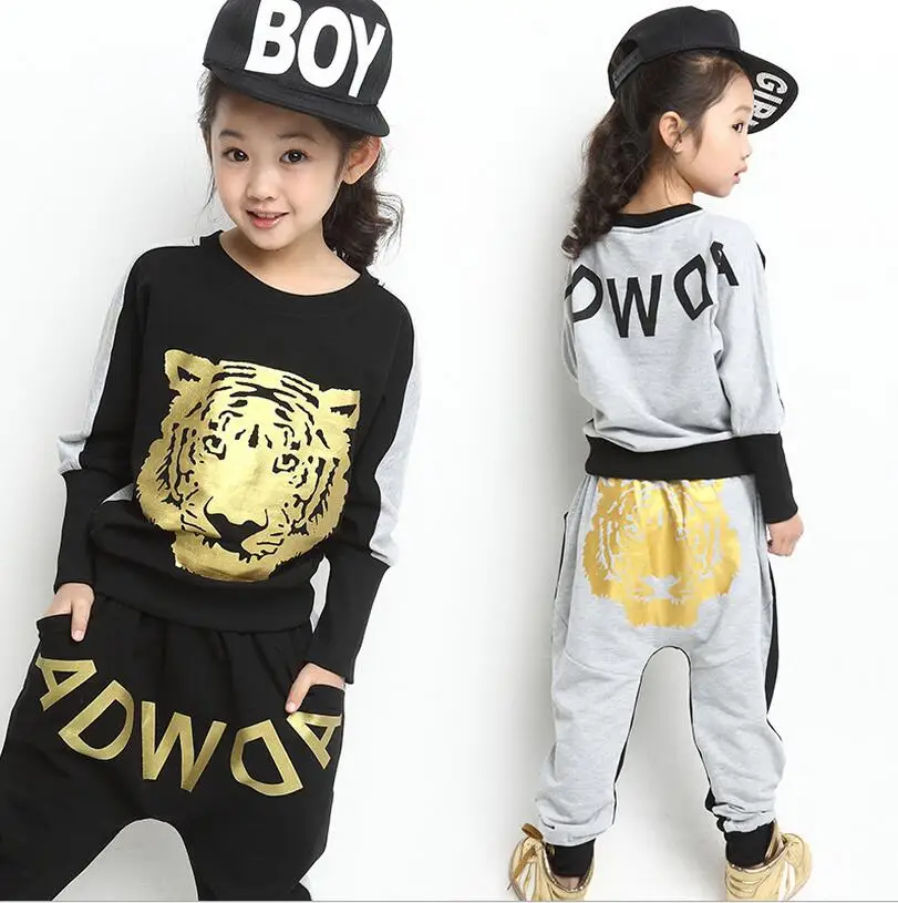 grey set Группа модный костюм в стиле хип-хоп балетная пачка для девушек комплекты для детей спортивные костюмы Тигр Печать комплект из двух предметов детская одежда для девочек - Цвет: grey set