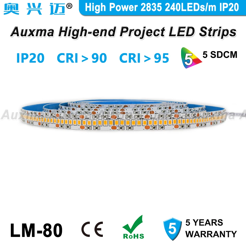 Высокая мощность 2835 240 светодиодный s/m Светодиодная лента, CRI95 CRI90, PCB широкий 12 мм, IP20 DC24V, 38,4 Вт/м 1200 светодиодный/Катушка, не водонепроницаемый для конференц-зала