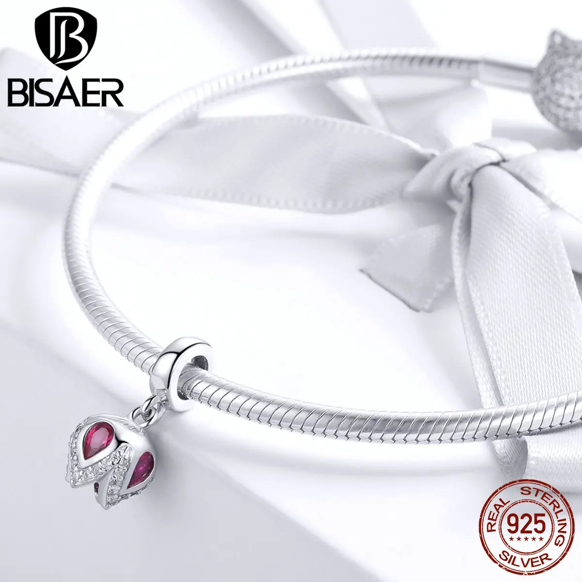 BISAER 925 пробы Серебряный Хрустальный цветок розы цветок тюльпана подвески цветок бусины подходят для браслетов DIY ювелирных изделий ECC1027