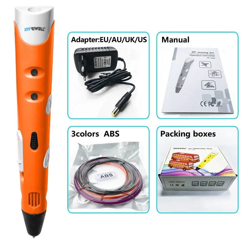 Orange pen Myriwell 3d ручки+ 20*10 м ABS нити, 3 d ручка Смарт 3d печатная Ручка лучший подарок для детей, 3d Ручка для печати 3d модель, 1,75 мм pla - Цвет: Orange pen