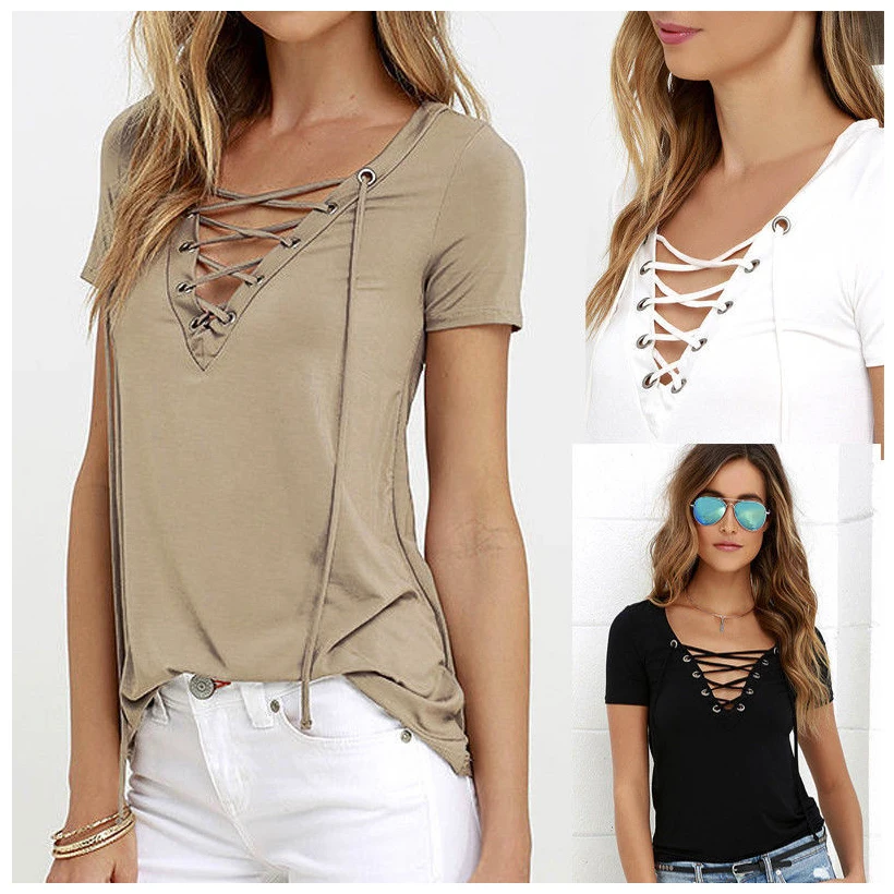 Новинка весна лето женская футболка на шнуровке с вырезами открытыми плечами