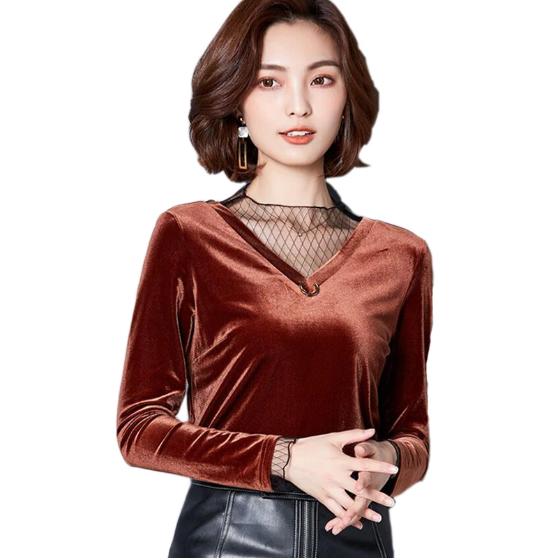 

Корейский стиль 2017 блузка рубашка женские топы сетчатая комбинированная тонкая/плотная женская блузка Золотая Бархатная рубашка для женщи...