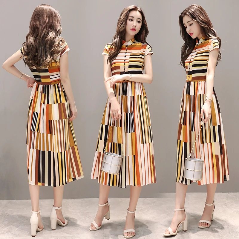 Модное женское платье летнее новое тонкое с коротким рукавом в полоску Vestido со