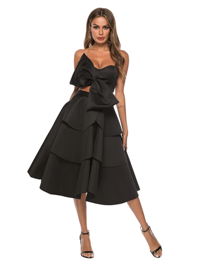 Black Tops and Skirt Женские летние комплекты из 2 предметов, сексуальные короткие топы, юбки с открытыми плечами, с открытой спиной, с большим бантом, высокая талия, свинг, юбка с оборками, вечерние Jupe - Цвет: Black Tops and Skirt