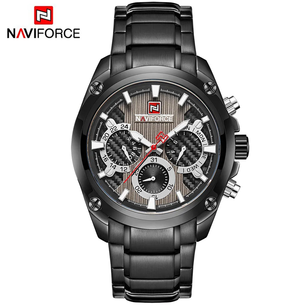 Лучший бренд класса люкс NAVIFORCE синие золотые часы мужские модные спортивные кварцевые мужские s часы полностью стальные водонепроницаемые часы Relogio Masculino - Цвет: black gray