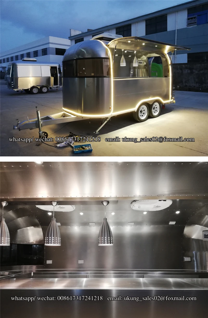UKUNG стиль заказной airstream модель трейлер для еды, 450 см длина полная нержавеющая сталь Роскошная корзина для еды