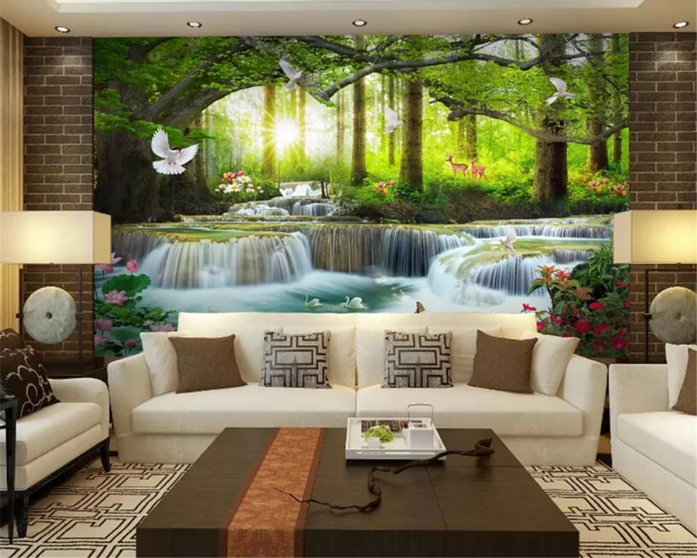 Пользовательские природа пейзаж 3d обои зеленый большое дерево лес водопад с