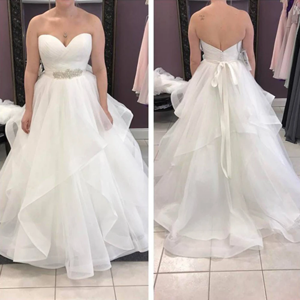 

Robe De Mariee Sweetheart sleeveless A Line Wedding Dress Organza Tiered With Crystal Belt Tulle vestido de novia princesa