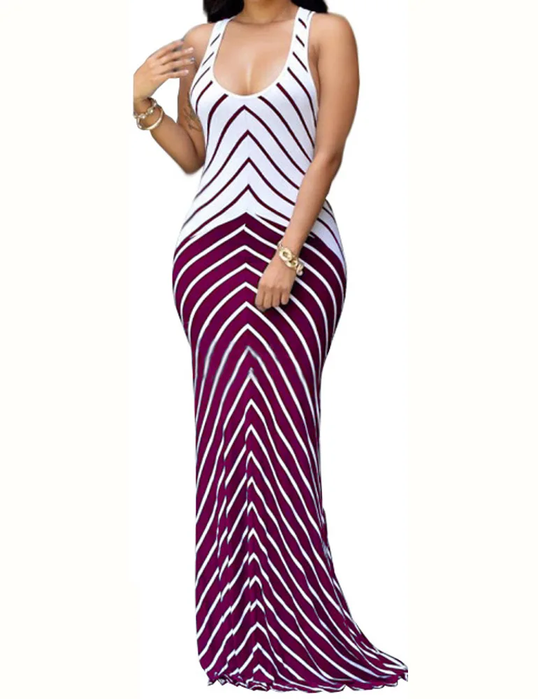 Летние Для женщин макси в полоску длинное платье пикантные o-образным вырезом без