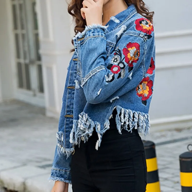 PLAMTEE Emroidery короткие джинсовые женские куртки цветочный с длинным рукавом джинсы