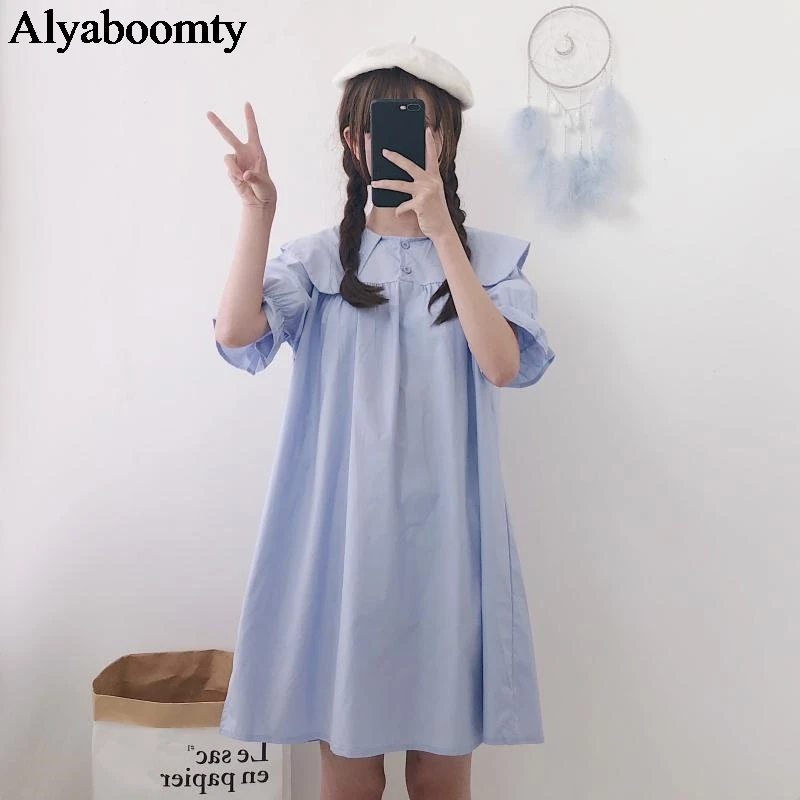 Японский Школьный стиль Лето женское милое платье с воротником Питер Пэн цвет