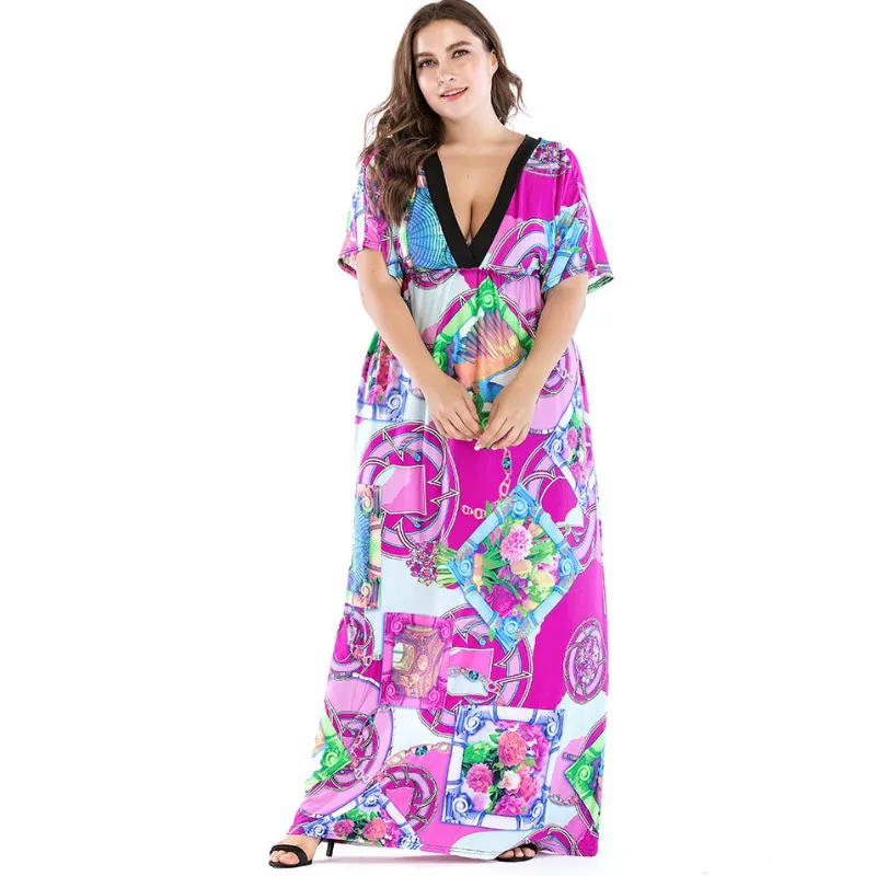 

TUHAO Large Size Summer Beach High Wait Plus Size 7XL 6XL 5XL Bohe Dress Woman Print Maxi Long Women's Dresses CM283