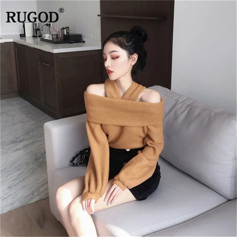 RUGOD корейский элегантный однотонный для женщин рукав-фонарик с открытыми плечами