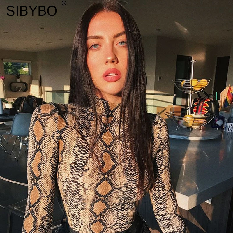 SIBYBO боди с принтом под змеиную кожу, женские Топы с длинным рукавом, осенне-зимние облегающие боди с высоким воротом, женские комбинезоны
