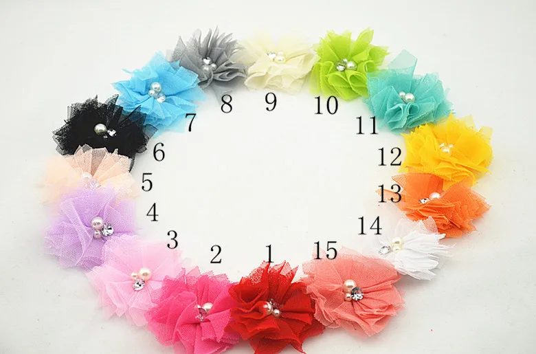 

50pcs/lot 6.5cm Mesh Hair Flowers With Rhinestones Pearls Artificial Fabric Flowers tulle flower