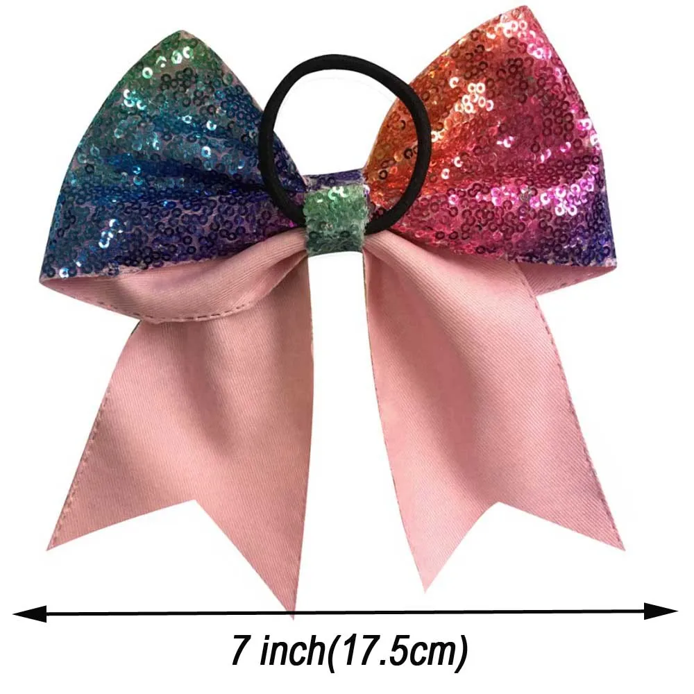 

10 Pcs/lot 7" Rainbow Sequin Cheer Bows With Elastic Band For Girls Kids Handmade Large Cheerleading Hair Bows Hair Accessories