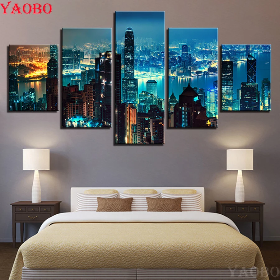 

5 Pieces City Building Night Aerial View diamond painting full square round drill diy diamond embroidery Beaded cross stitch kit