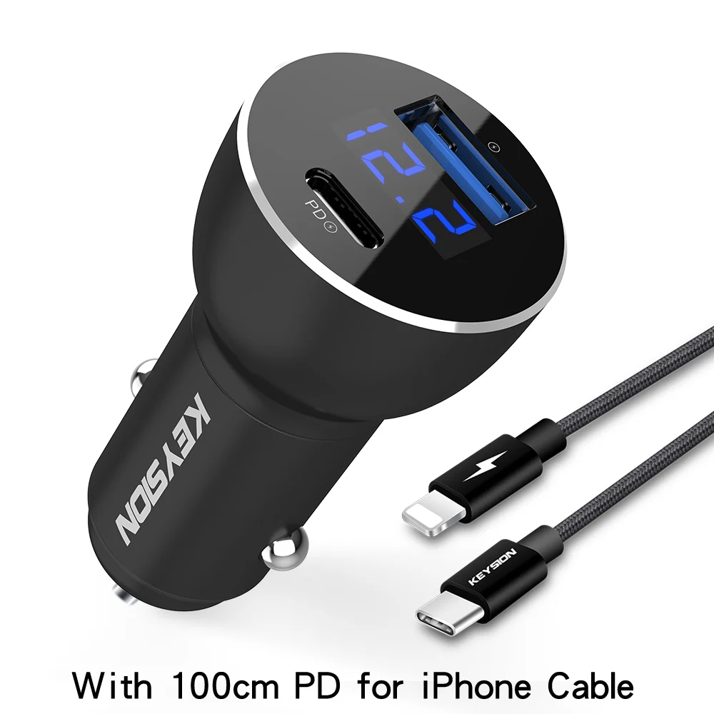 PD for iPhone Cable Автомобильное зарядное устройство KEYSION Dual USB PD для iPhone XS Max XR X 8 P QC 3,0 быстрое зарядное устройство для samsung Xiaomi с светодиодный цифровым дисплеем - Тип штекера: PD for iPhone Cable